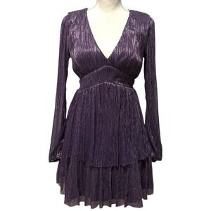Mi Ami Purple Metallic Pleated V Neck Long Sleeve Tiered Mini Dress Size M Party